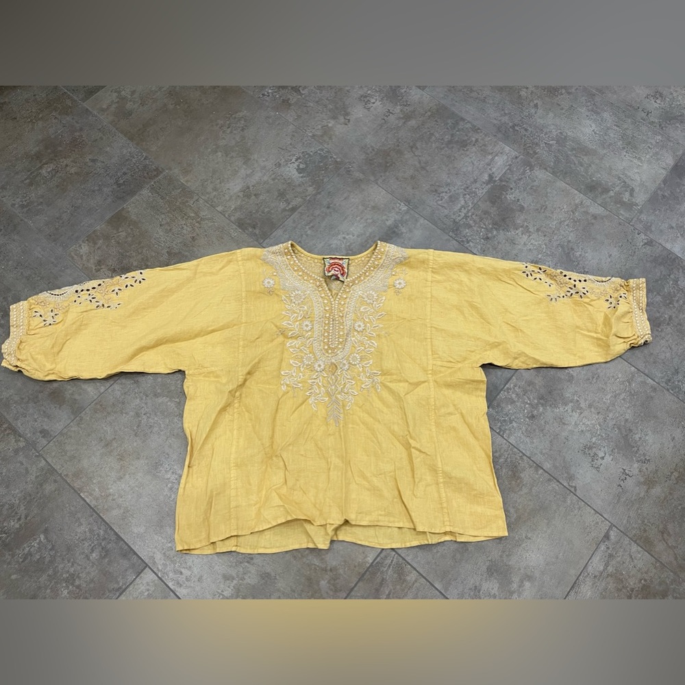 𝅺JOHNNY WAS EMBROIDERED EYELET YELLOW LINEN 100% WOMAN TUNIC SIZE US L